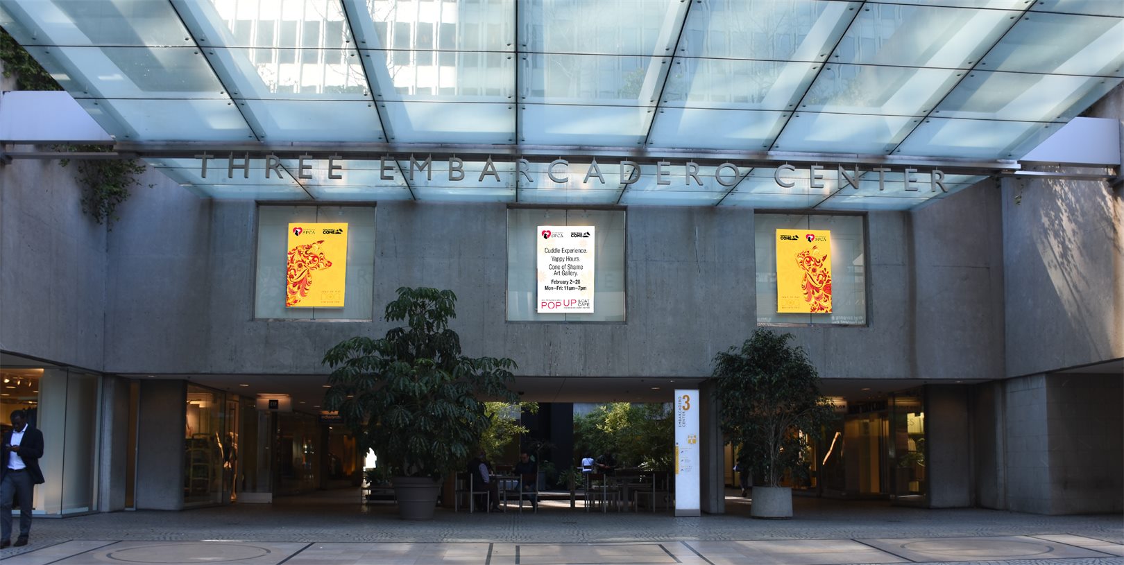 Pop-up posters at the Three Embarcadero Center entrance