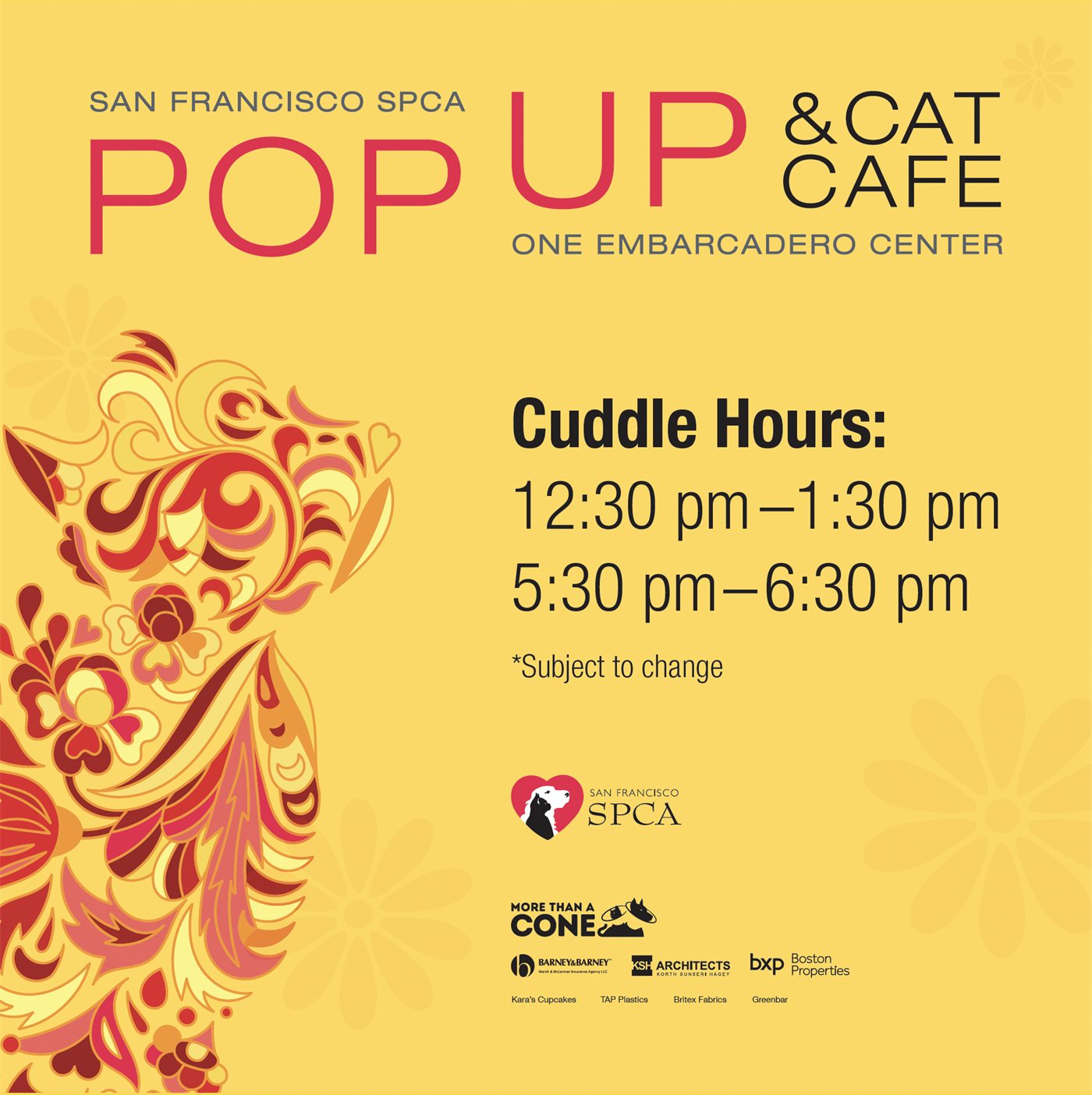 SF SPCA Pop Up & Cat Cafe poster with Cuddle Hours